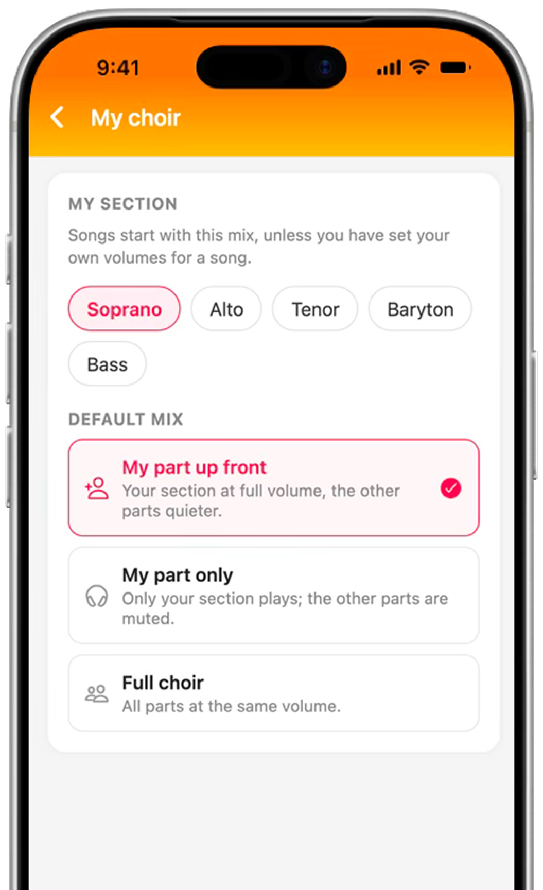 My section settings: Soprano, my part up front